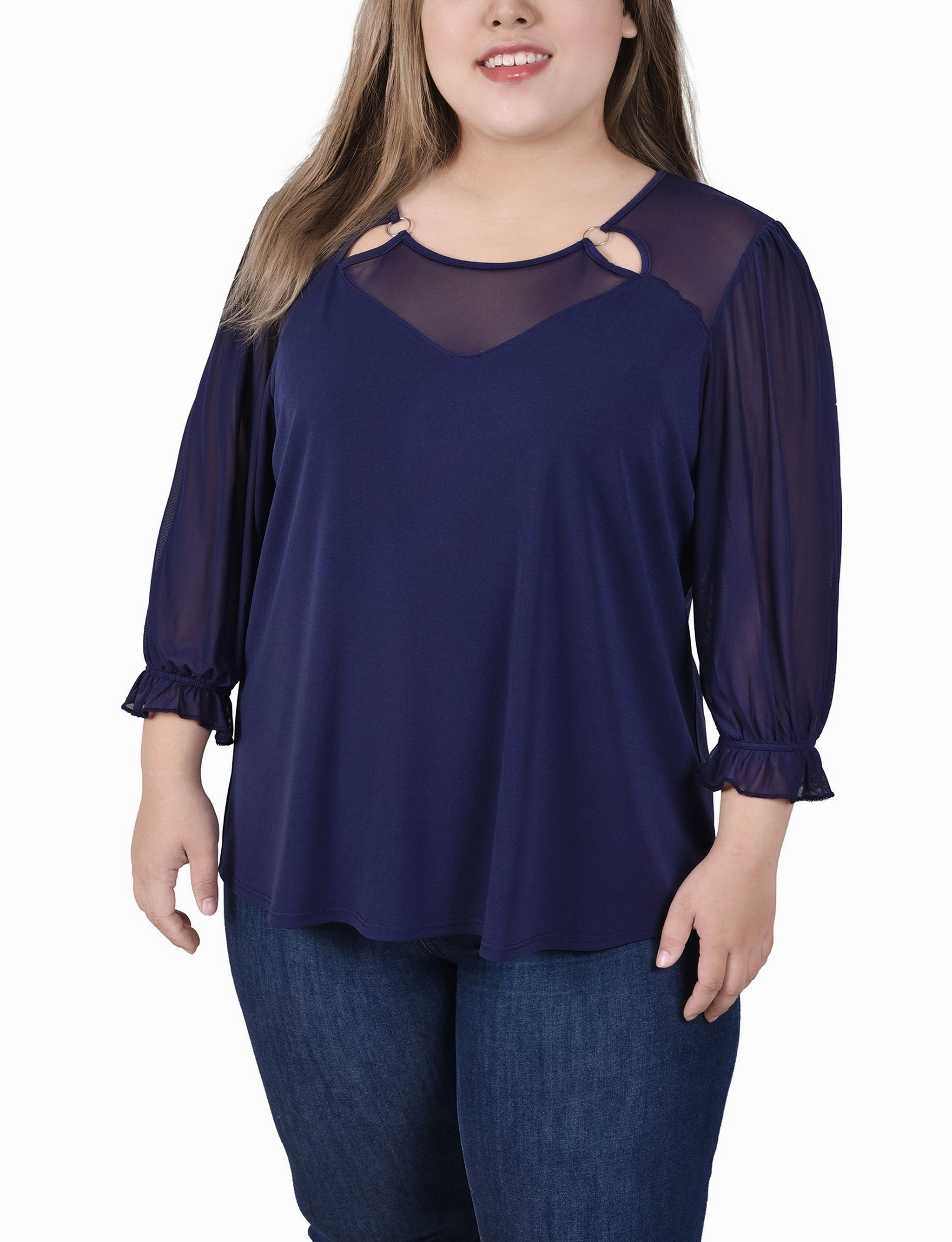 Plus Size 3/4 Sleeve Ringed Top With Mesh AbrasionResistant Surface Anti Slip Shoulder Padding
