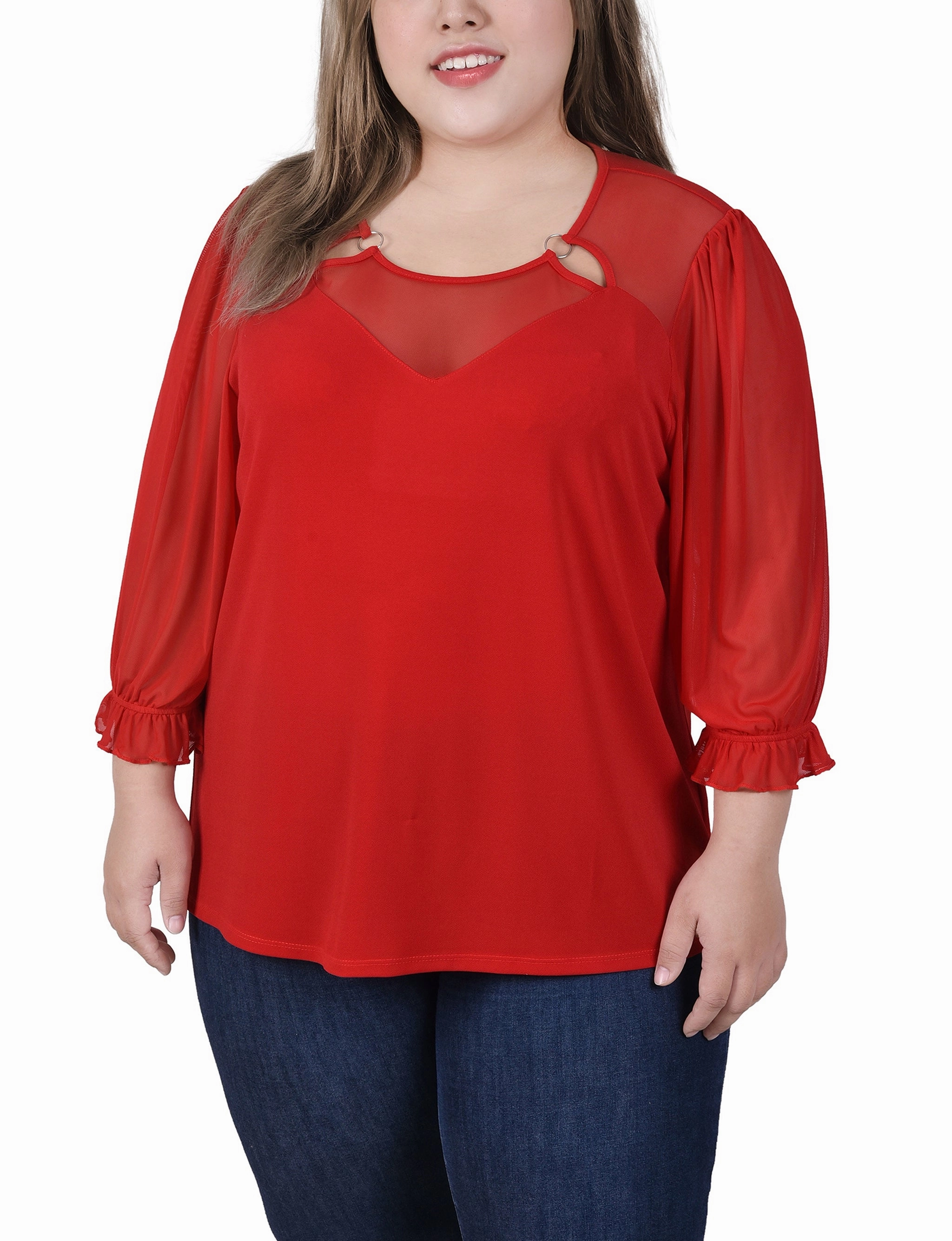 Plus Size 3/4 Sleeve Ringed Top With Mesh ThermalRegulating Fabric Midweight Four Way Stretch