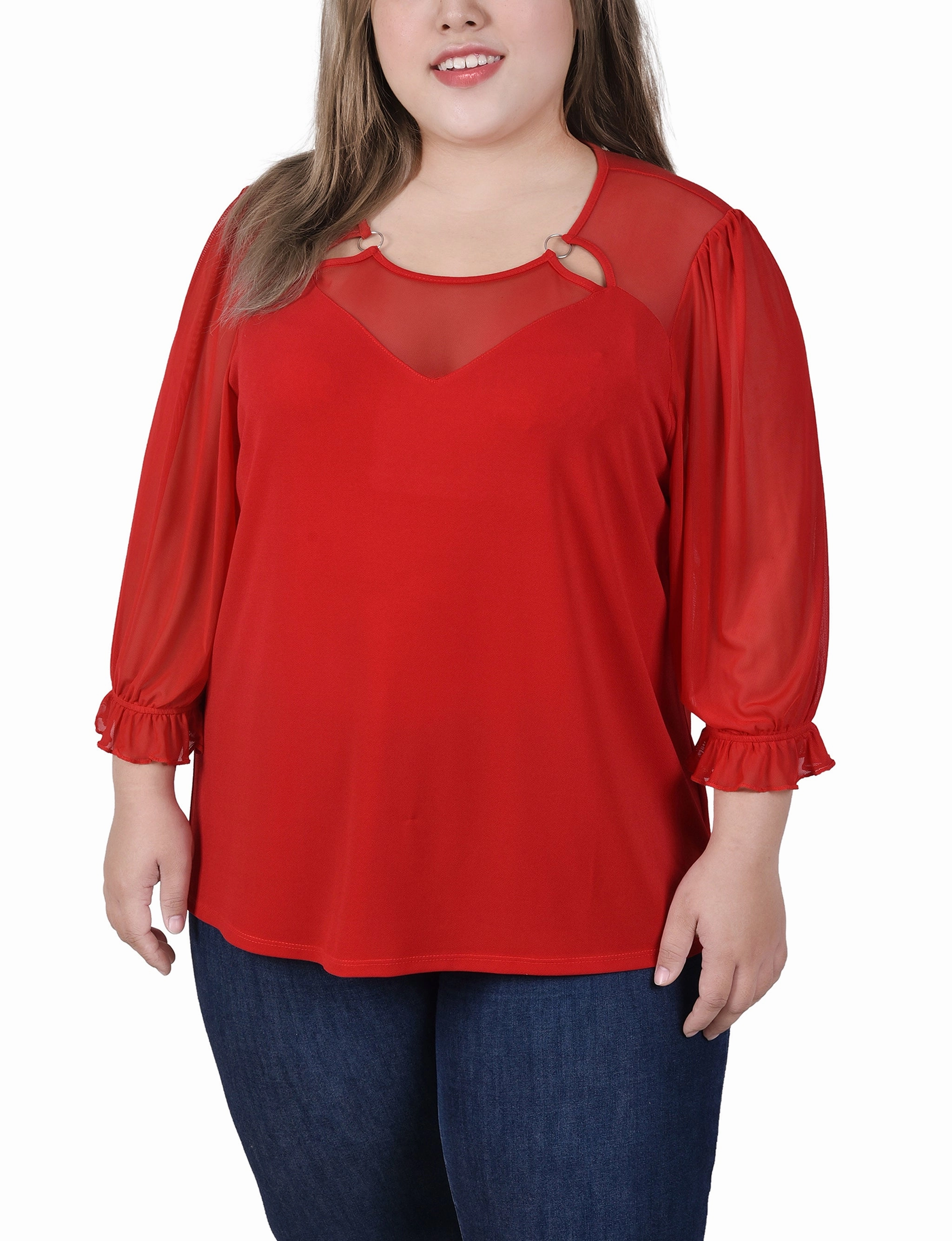 Plus Size 3/4 Sleeve Ringed Top With Mesh HighNeck
