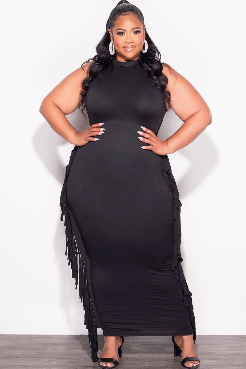 Final Sale Plus size Sleeveless Fringe Midi Dress Quick Slip
