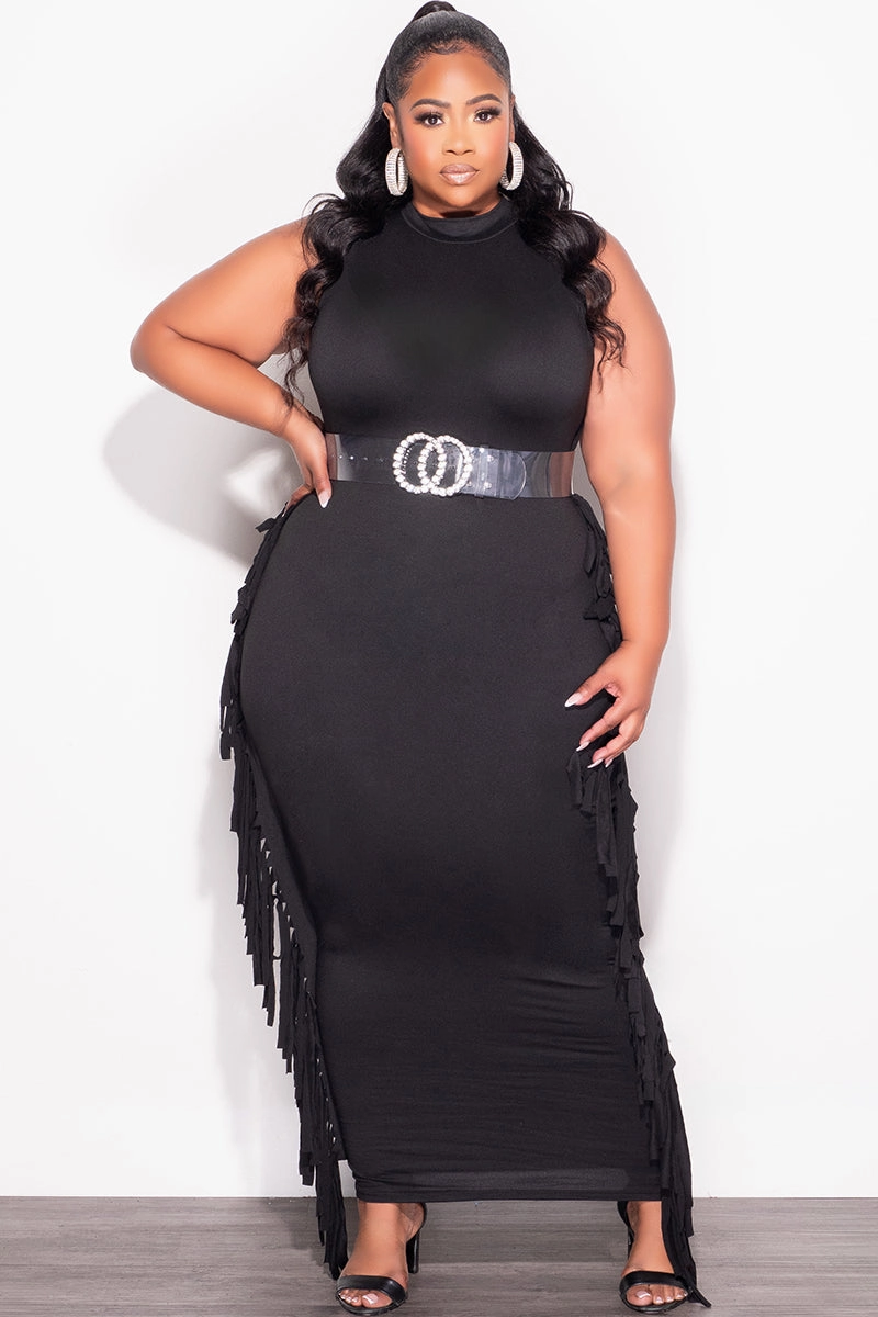 Neutral Fit Functional fashion wear Final Sale Plus size Sleeveless Fringe Midi Dress