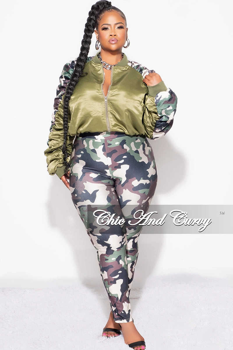 Flexible Material Final Sale Plus Size 2pc Satin Crop Zip Up Jacket and Legging Set in Camouflage Print
