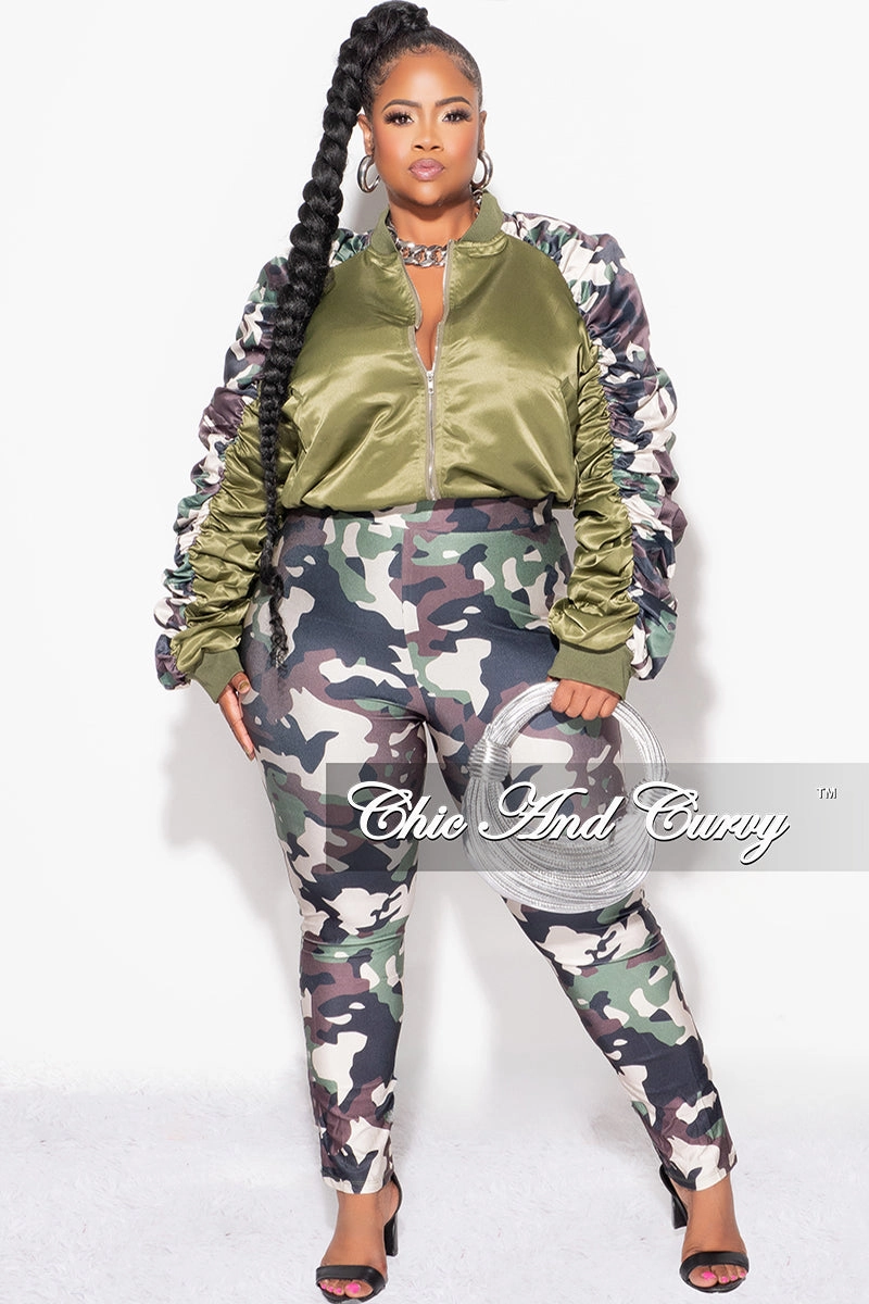 Final Sale Plus Size 2pc Satin Crop Zip Up Jacket and Legging Set in Camouflage Print Warm Layer QuickReleaseClosures