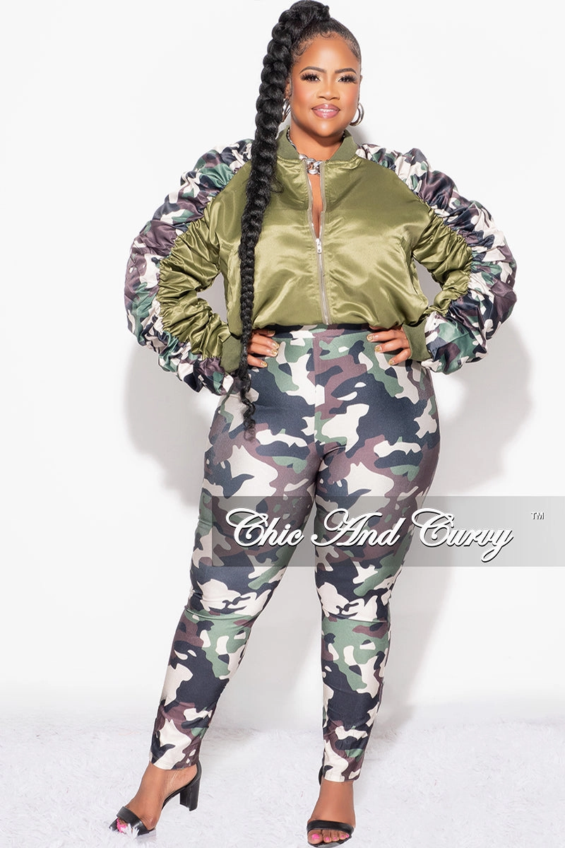 FlexibleKneePanels Final Sale Plus Size 2pc Satin Crop Zip Up Jacket and Legging Set in Camouflage Print