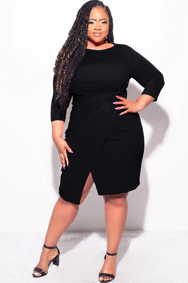 SeamlessPockets Final Sale Plus Size Long Sleeve Side Knot Wrap Midi Dress in Black
