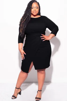 SeamlessPockets Final Sale Plus Size Long Sleeve Side Knot Wrap Midi Dress in Black