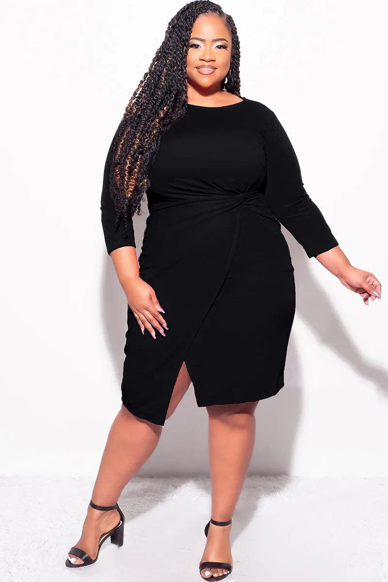 Softened Hem Casual Layer Fit Final Sale Plus Size Long Sleeve Side Knot Wrap Midi Dress in Black