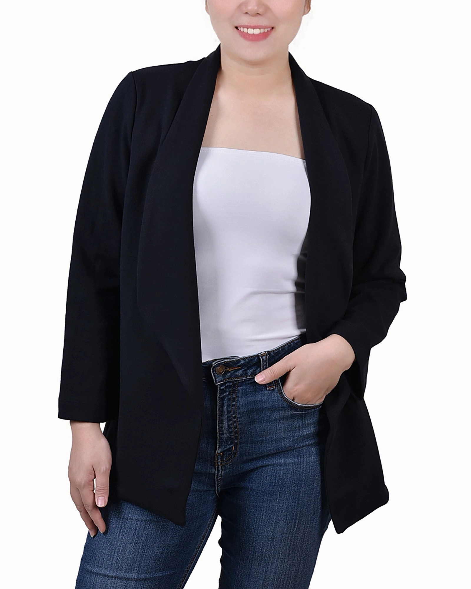 Cool Weather Layered Placket Design 3/4 Sleeve Ponte Jacket