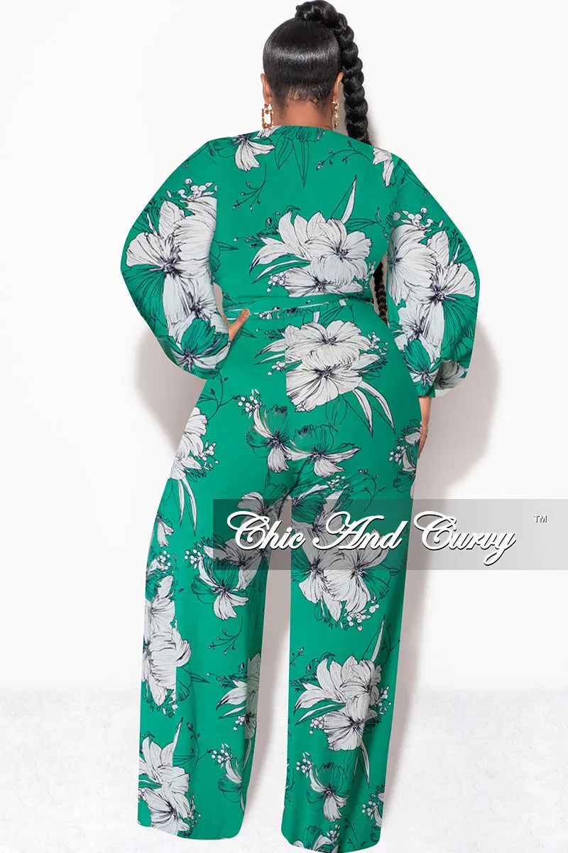 Urban Cool Performance Design Fit Final Sale Plus Size Faux Wrap Jumpsuit with Waist Tie in Green and White Floral Print