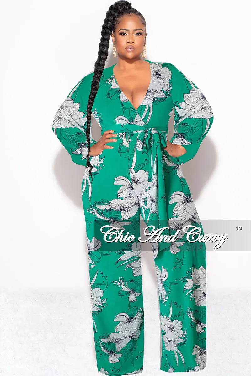 Final Sale Plus Size Faux Wrap Jumpsuit with Waist Tie in Green and White Floral Print No Chafe Soft and Stretchy