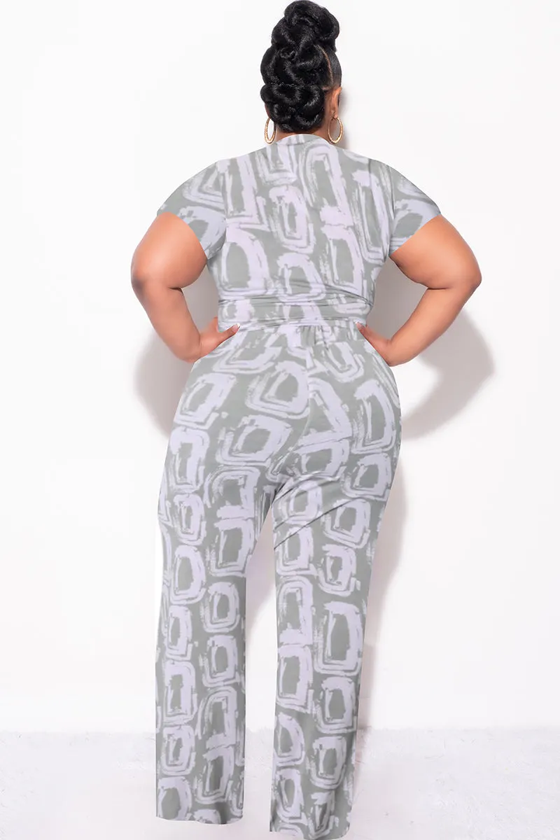 Comfy Shape Final Sale Plus Size 2pc Crop Tie Top and Pants Set in Grey & Pink