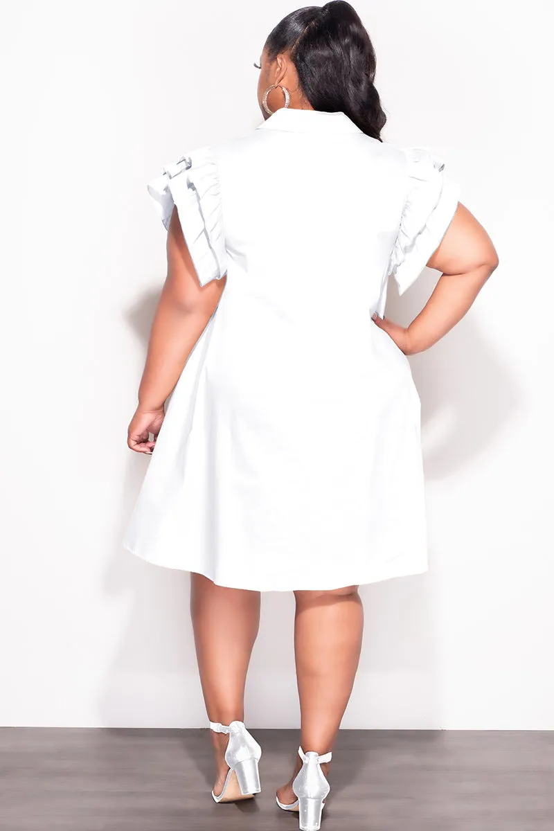 Final Sale Plus Size Collar Button Up Dress with Ruffle Sleeves in White Cozy Style Flexible Activewear