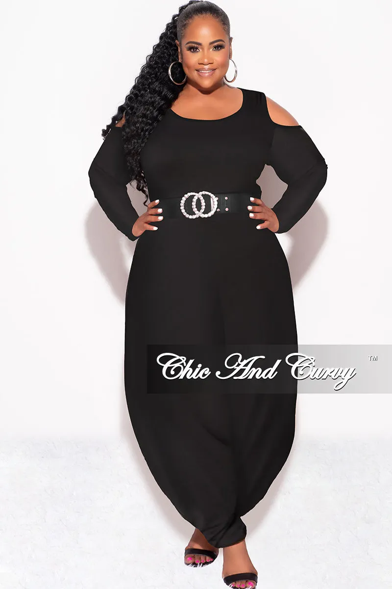 Final Sale Plus Size Cold Shoulder Harem Jumpsuit in Black Elastic Cuff