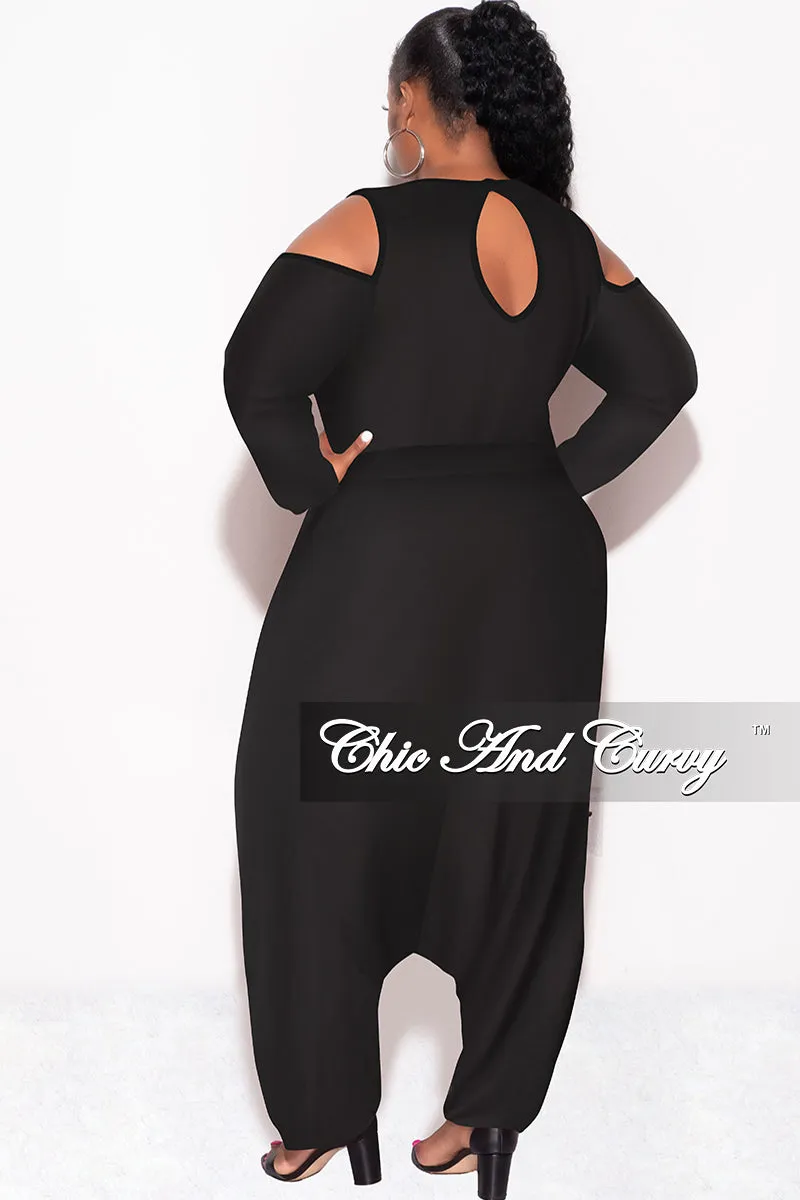 Stretchable Design Final Sale Plus Size Cold Shoulder Harem Jumpsuit in Black