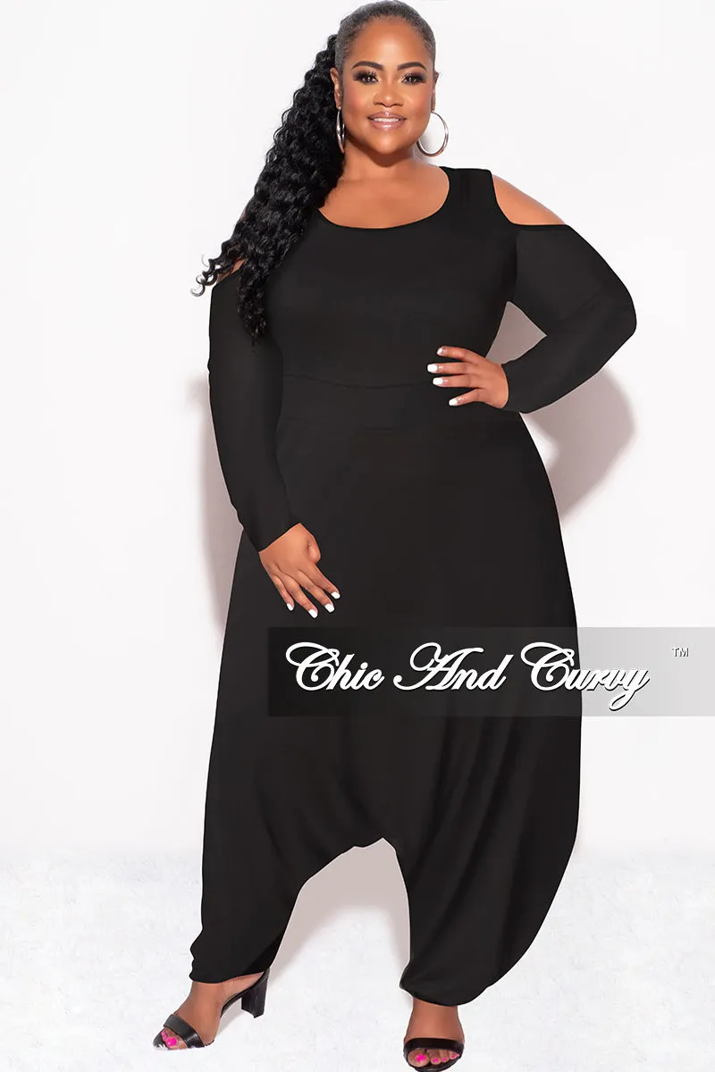 Final Sale Plus Size Cold Shoulder Harem Jumpsuit in Black Utility pocket