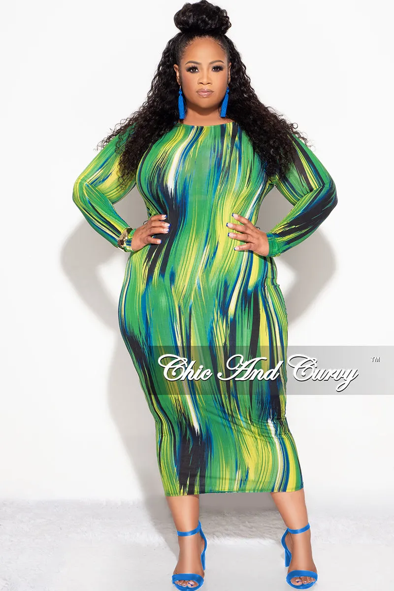 Final Sale Plus Size BodyCon Dress in Green Design Print Day Adventure Flattering Shape
