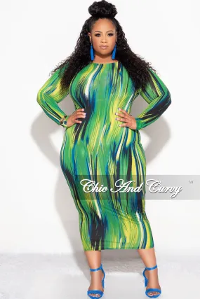 Final Sale Plus Size BodyCon Dress in Green Design Print Day Adventure Flattering Shape