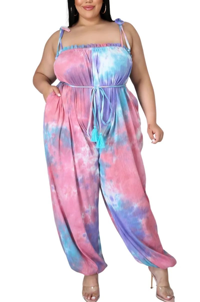 High Waist Hip Friendly Pockets Final Sale Plus Size Jumpsuit in Pink, Purple, & Blue with Spaghetti Straps & Belt
