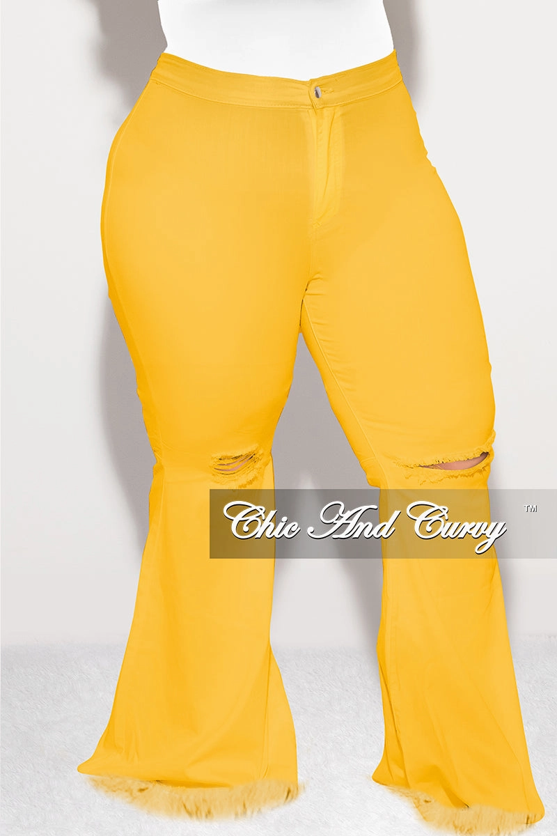 Final Sale Plus Size Wide Leg Denim Jeans with Distressed Knee in Mustard Yellow Workwear