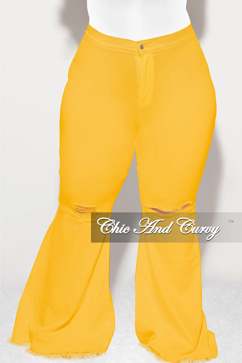 Freedom Fit Urban Edge Final Sale Plus Size Wide Leg Denim Jeans with Distressed Knee in Mustard Yellow