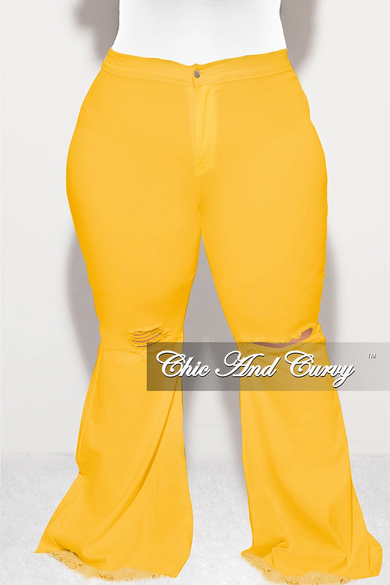 Final Sale Plus Size Wide Leg Denim Jeans with Distressed Knee in Mustard Yellow Cold Weather Gear Casual Essentials