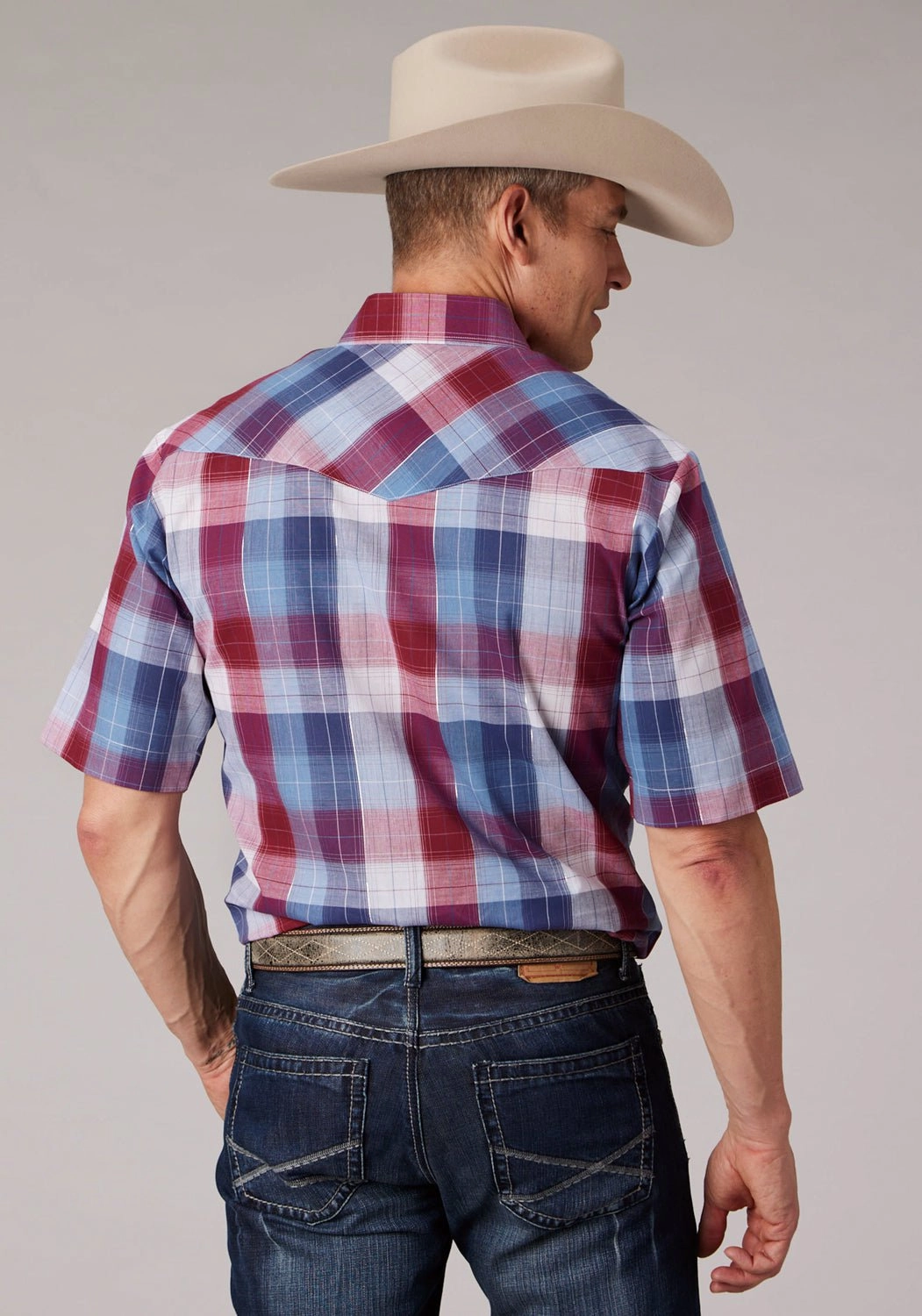 Sweat-Absorbing Snag Resistant Fabric Roper Mens 2059 Lurex Plaid Red/White Cotton Blend S/S Shirt