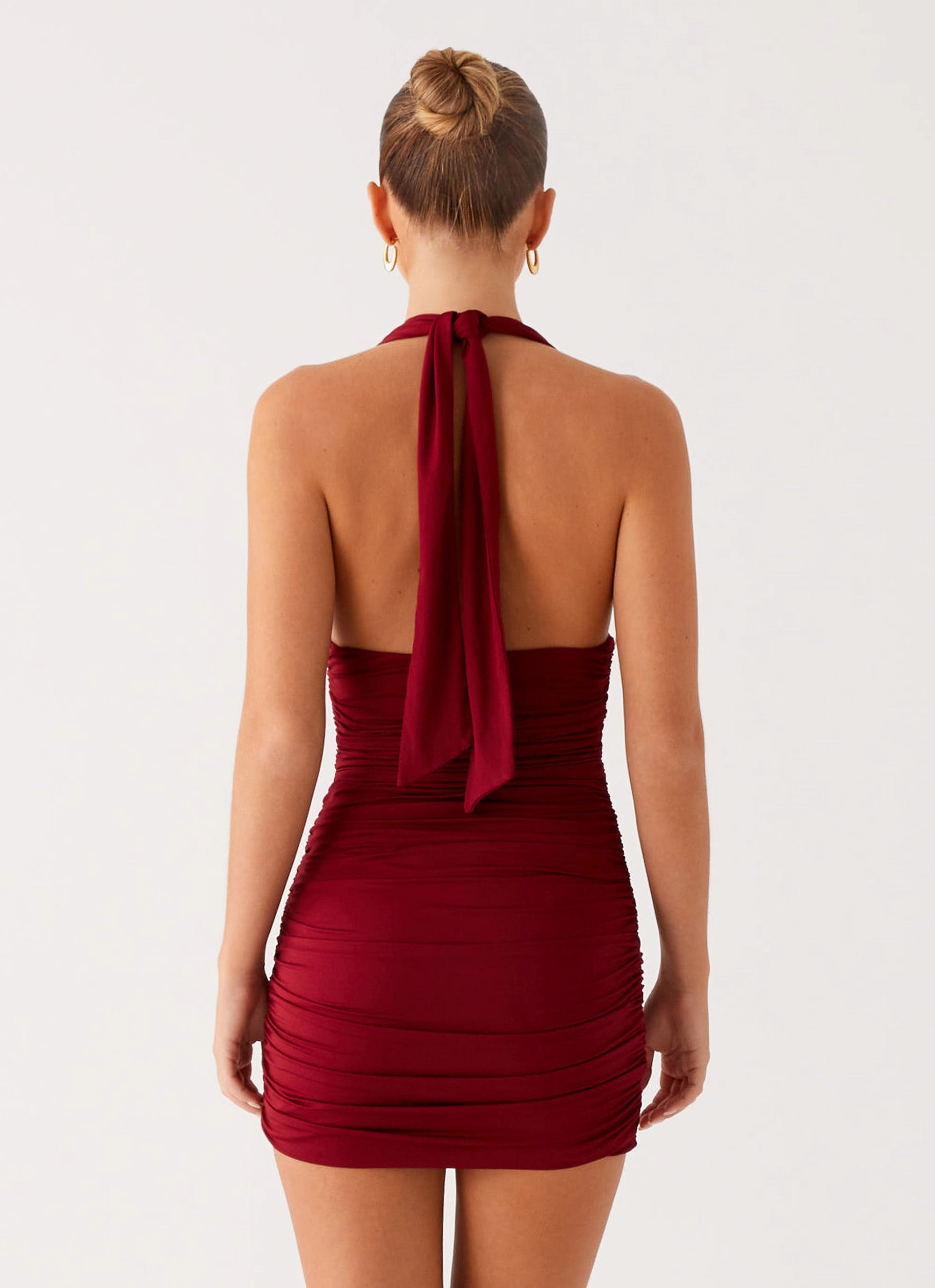 Abelia Halter Mini Dress - Maroon Stretchable Perfect for Travel