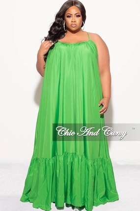 Final Sale Plus Size Spaghetti Strap Peasant Maxi Dress in Green Slim Stretch Fit Trendy Waist
