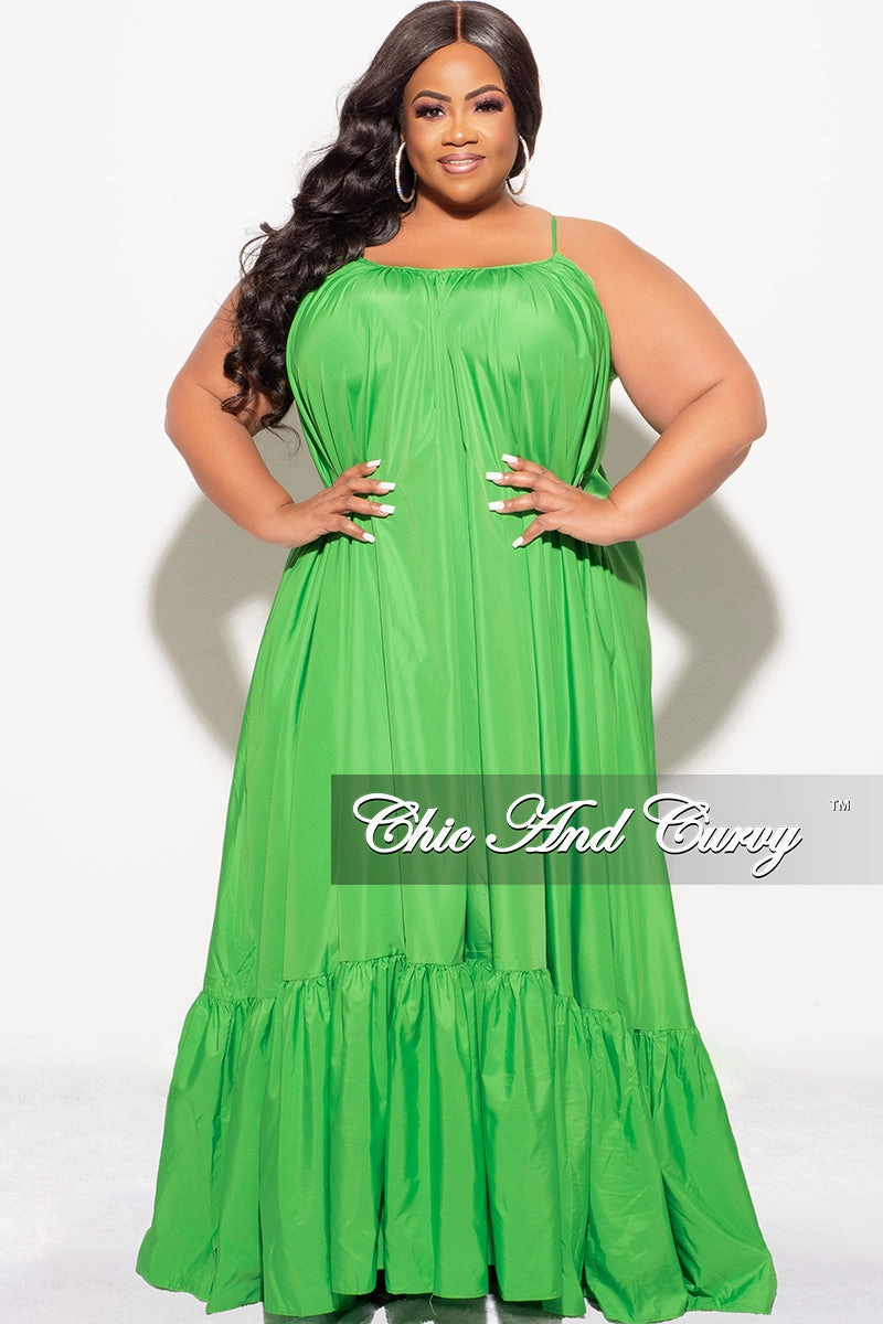 Final Sale Plus Size Spaghetti Strap Peasant Maxi Dress in Green Basic Stretch