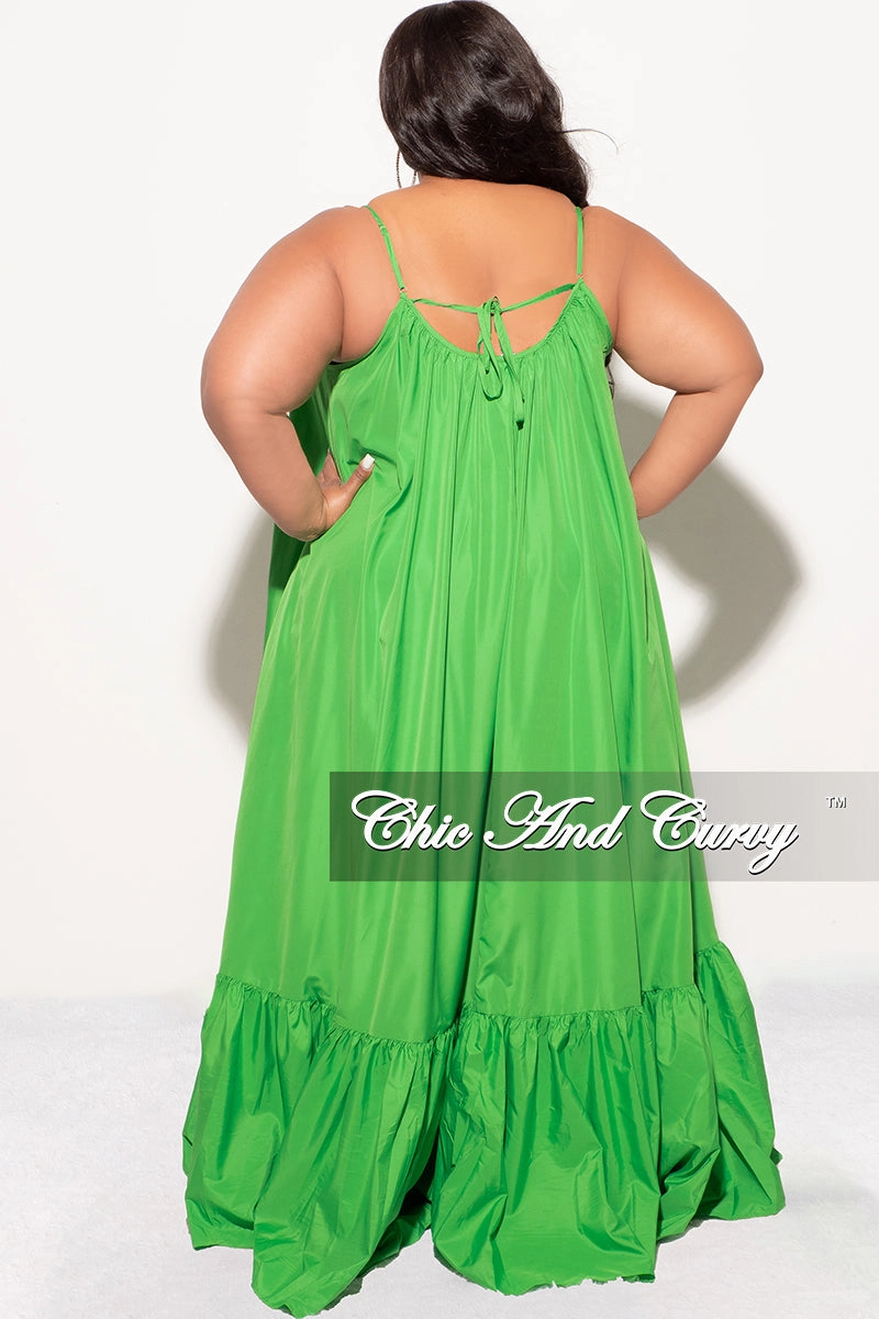 Double Needle Stitching Final Sale Plus Size Spaghetti Strap Peasant Maxi Dress in Green
