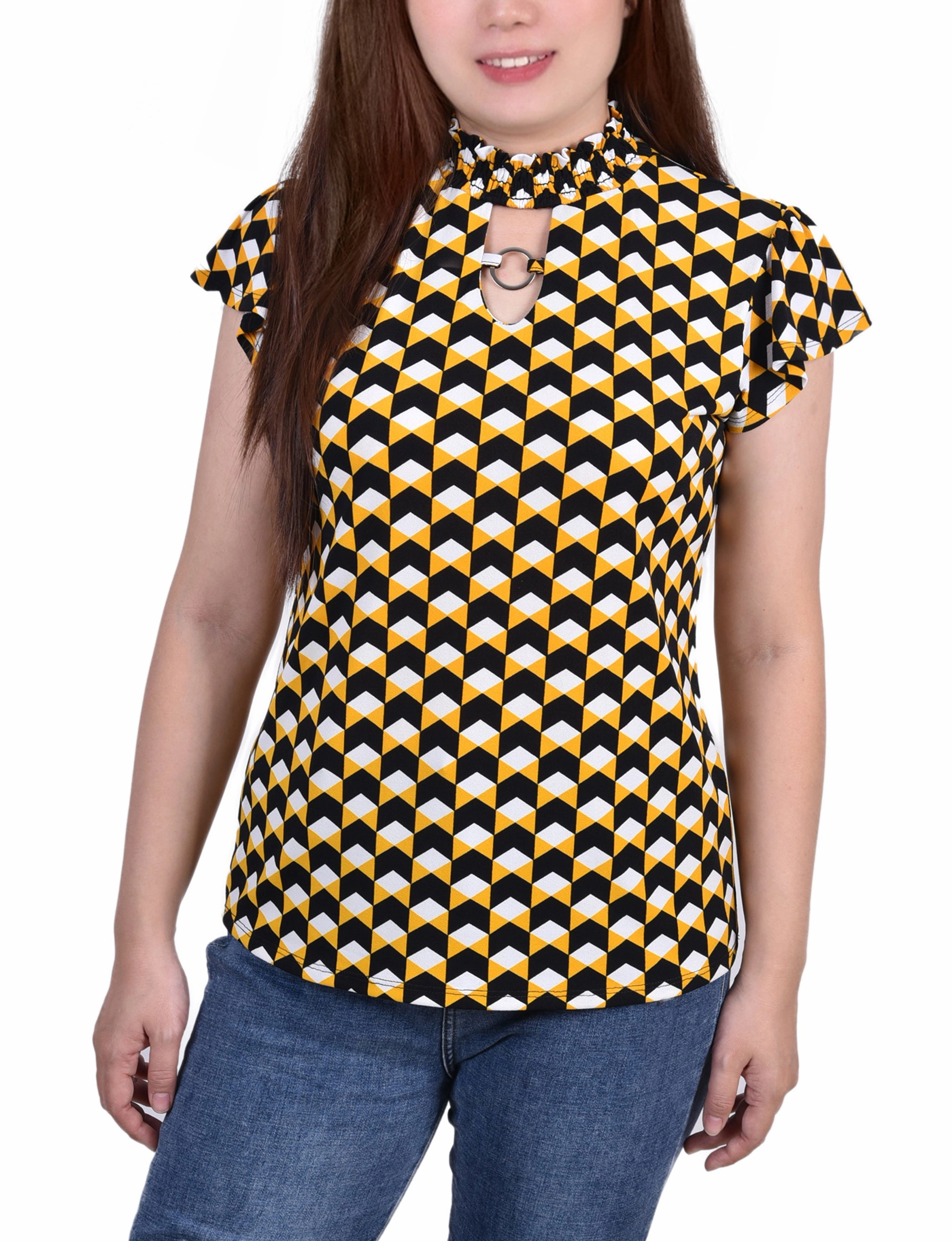 Petite Short Flutter Sleeve Mock Neck Top MultiDirectionalStretch