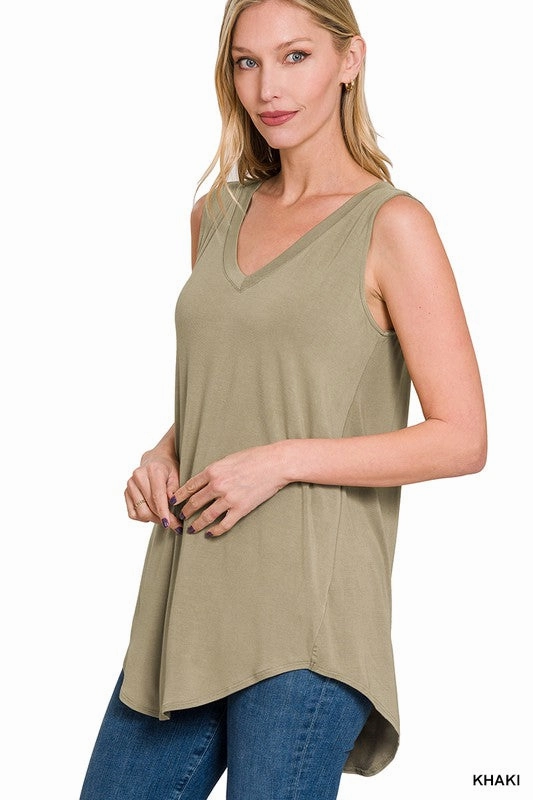 Ellie Luxe Rayon Sleeveless V-neck Hi-low Hem Top S-XL LightweightTexture