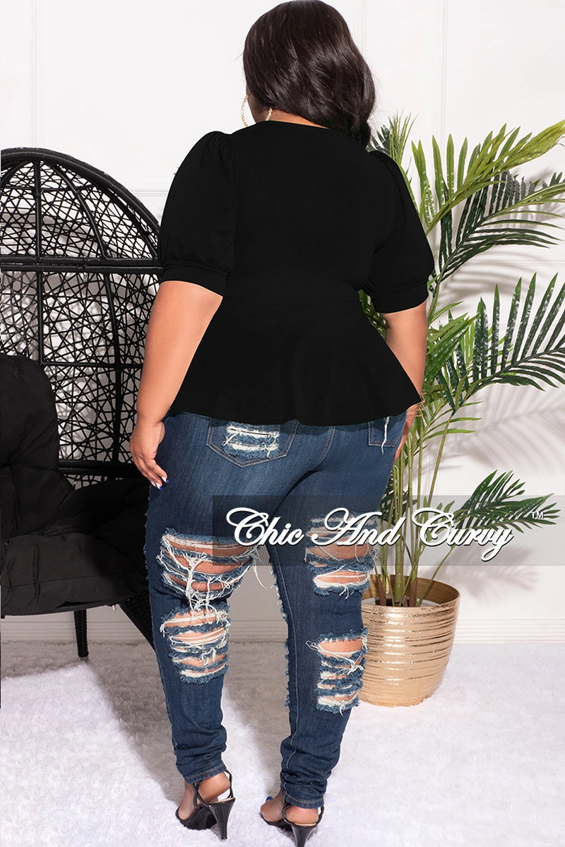 Light and Cozy WrinkleFreeFinish Final Sale Plus Size Techno Crepe  Peplum Top with 3/4 Sleeves in Black