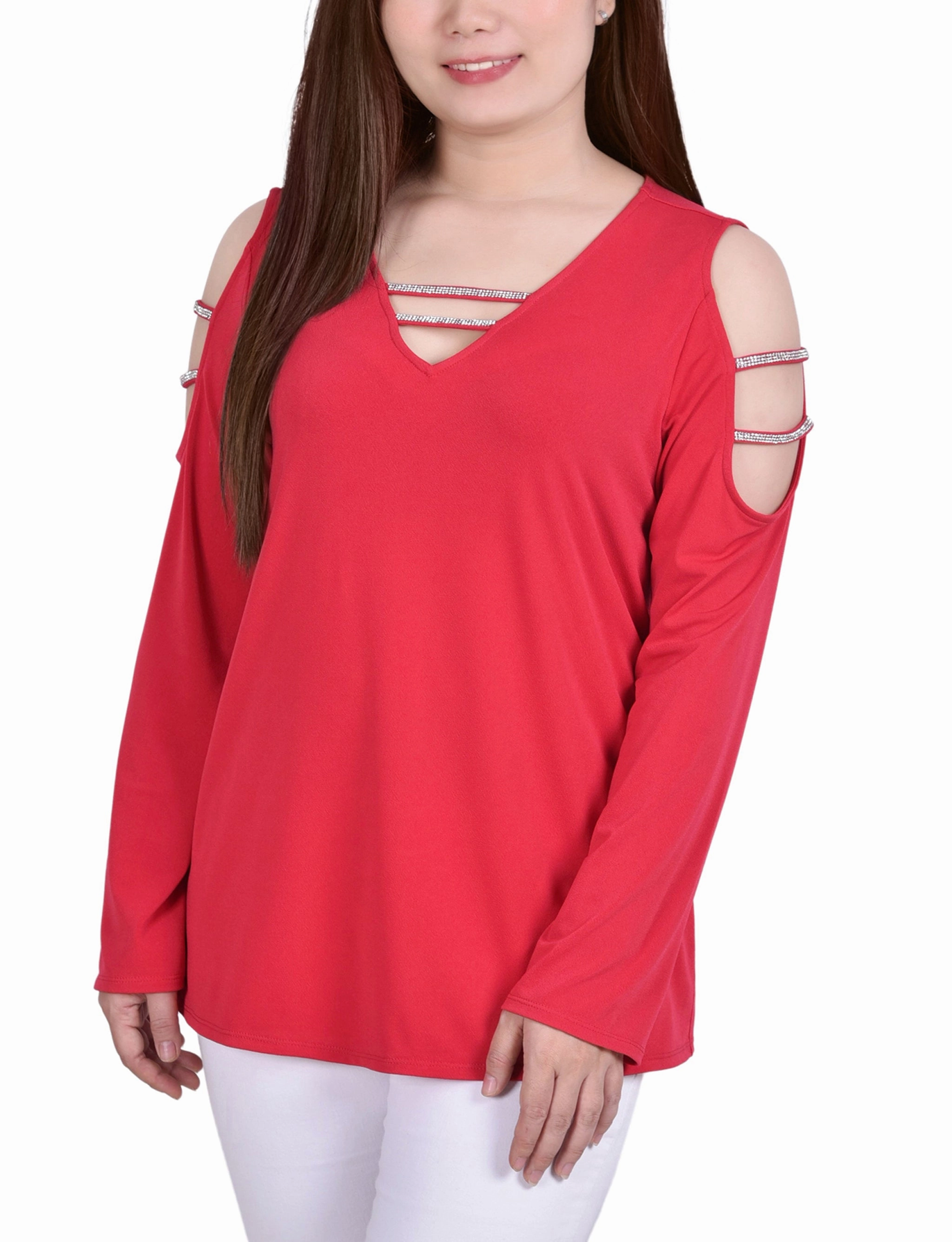 Petite Long Sleeve Knit Crepe Rhinestone Top SoftFeel Fabric