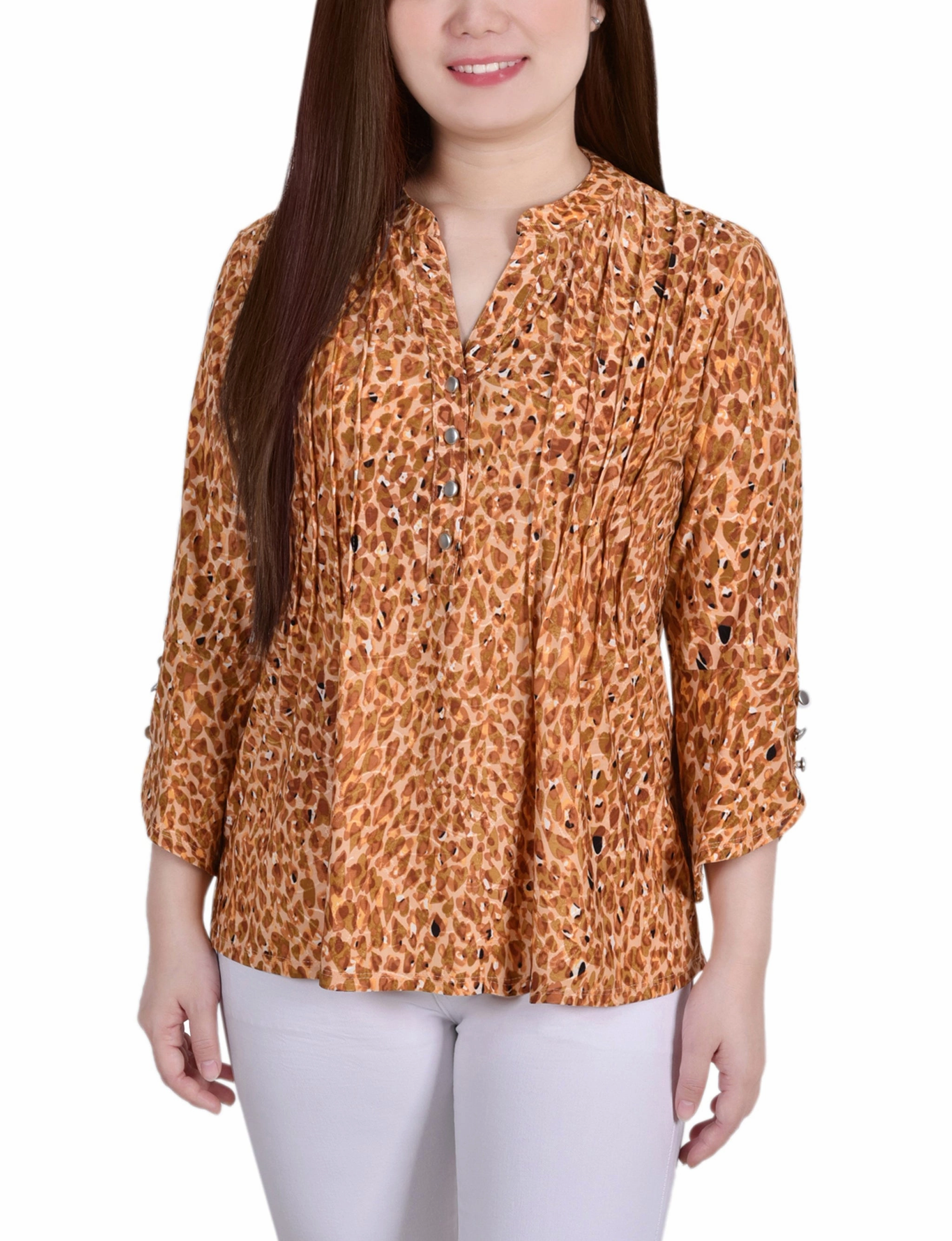 QuickDryTechnology Multipurpose Layering Piece 3/4 Sleeve Overlapped Bell Sleeve Y Neck Top