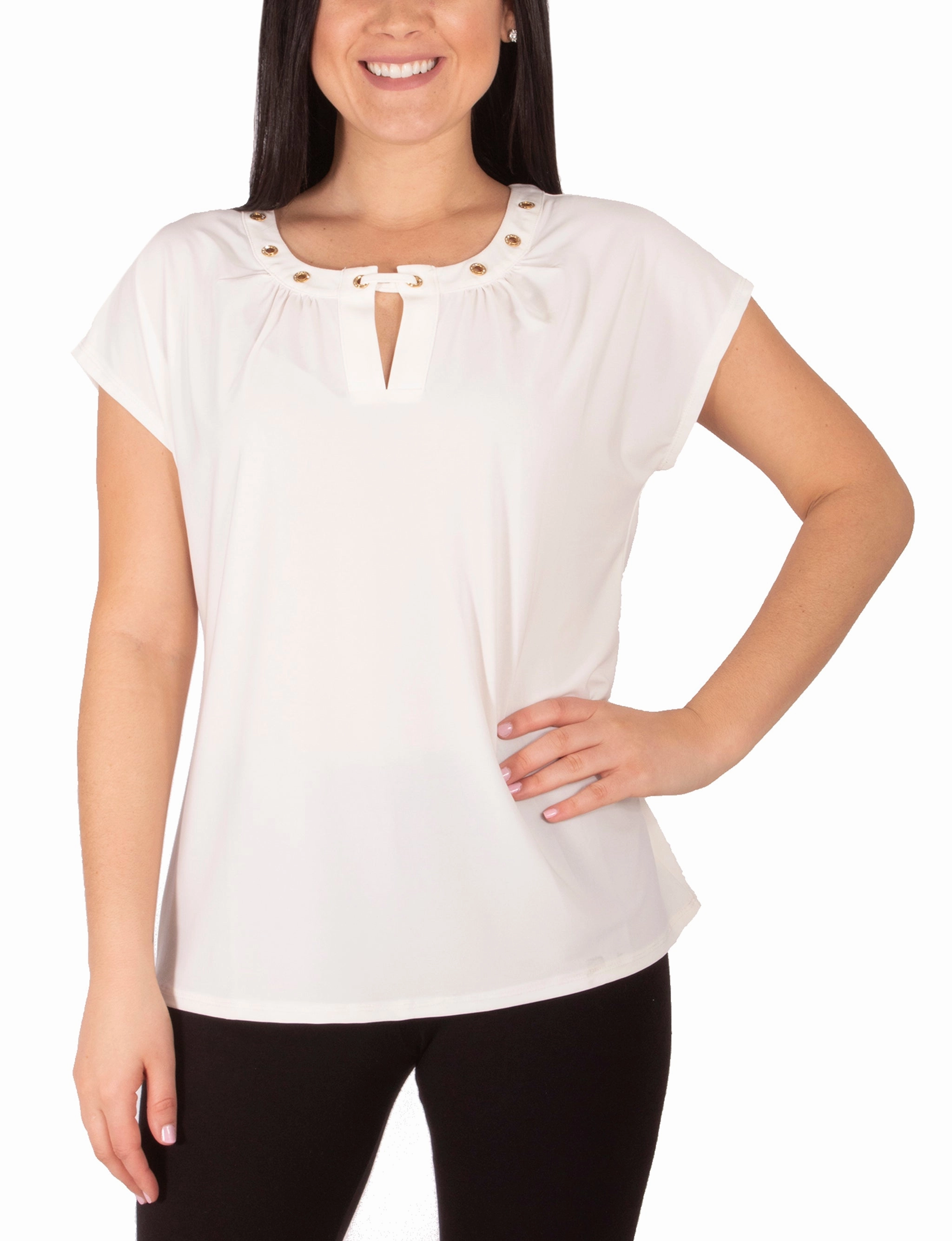 Reinforced Buttonholes Long Sleeve Shirt Plus Size Cap Sleeve Top With Grommet Details And Keyhole