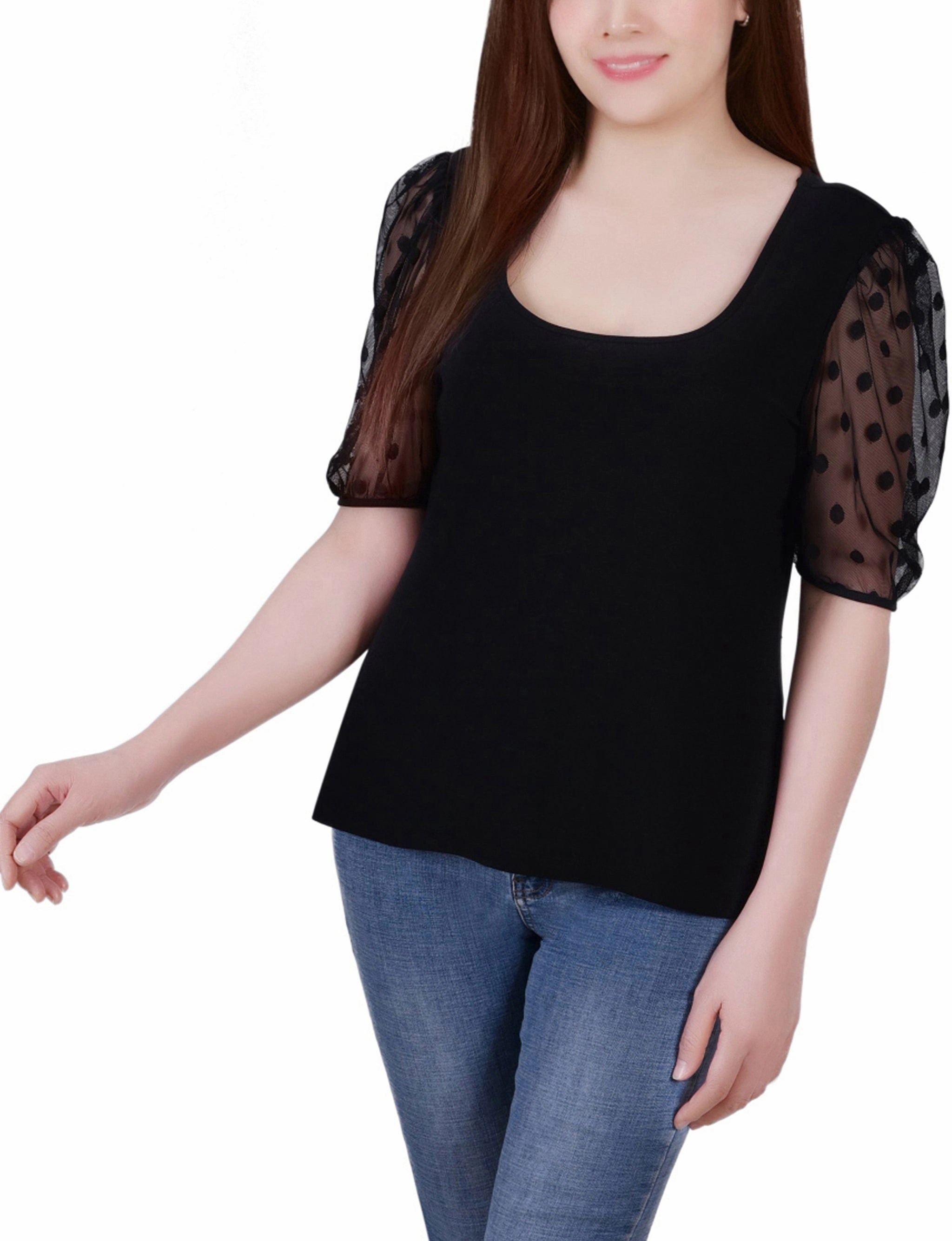 Elbow Sleeve Crepe Top With Mesh Dotted Sleeves Simple Cut