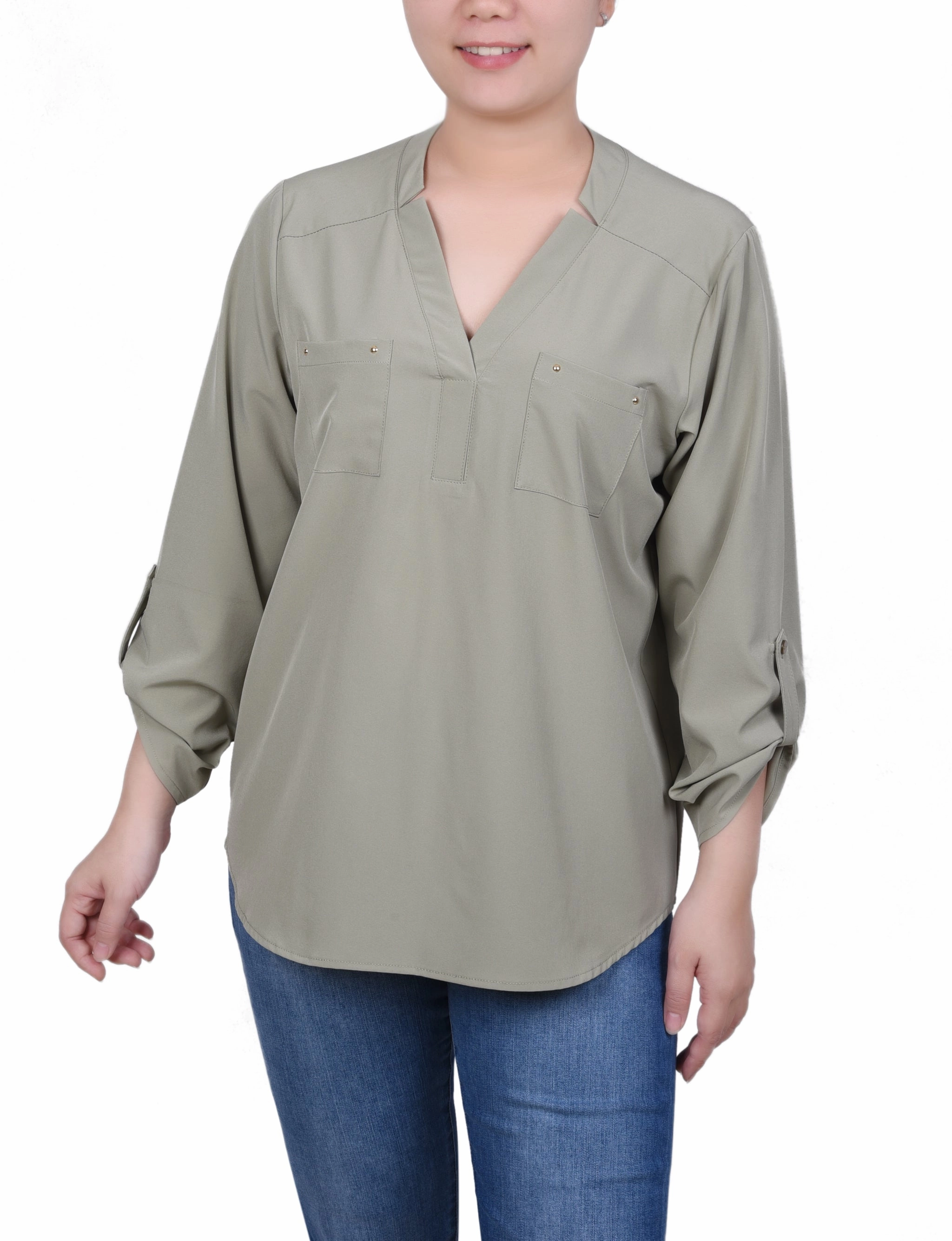 Textured Weave Petite Roll Tab Sleeve Blouse with Pockets