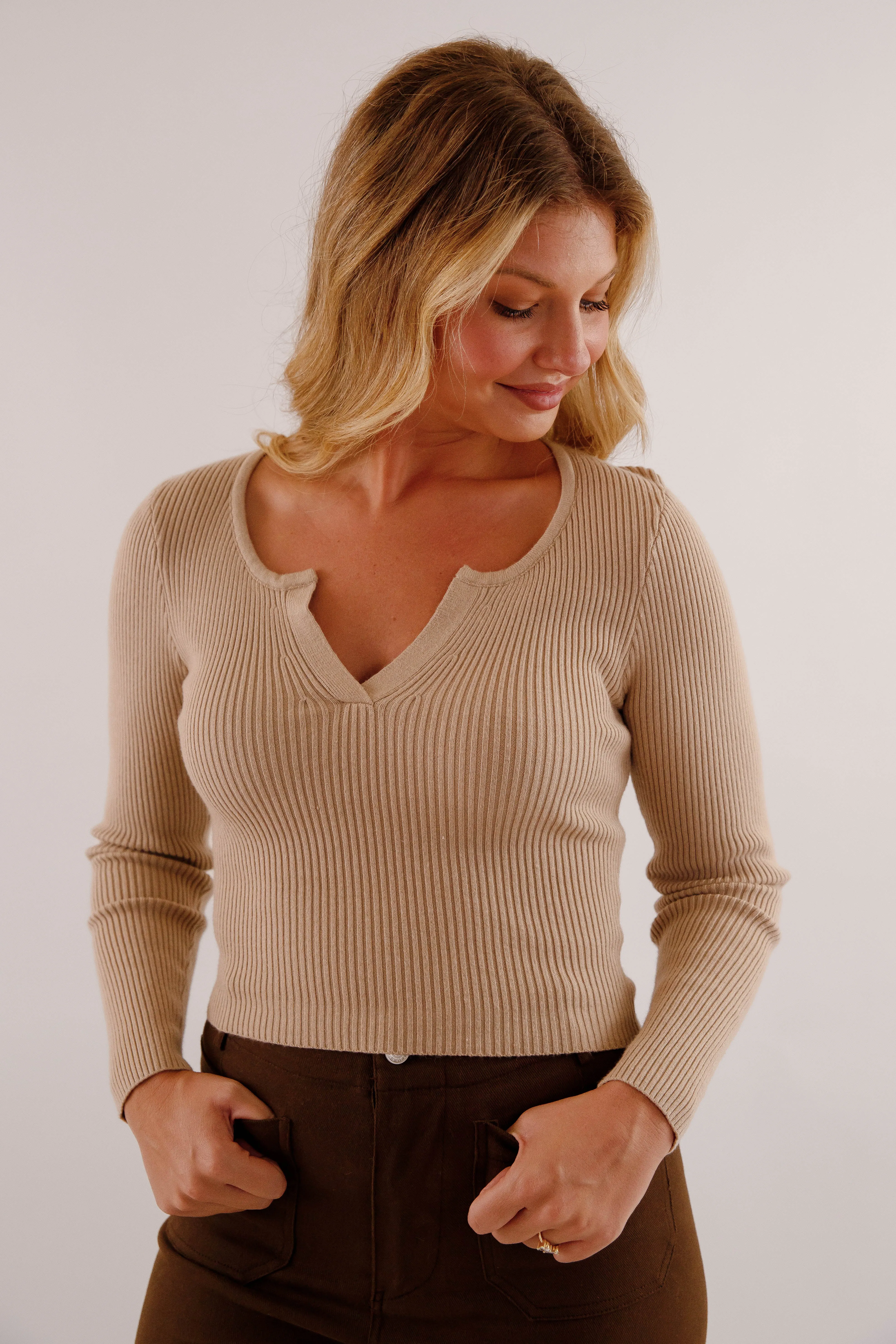 WrinkleResistantTextile Opening Up Ribbed Top-Taupe