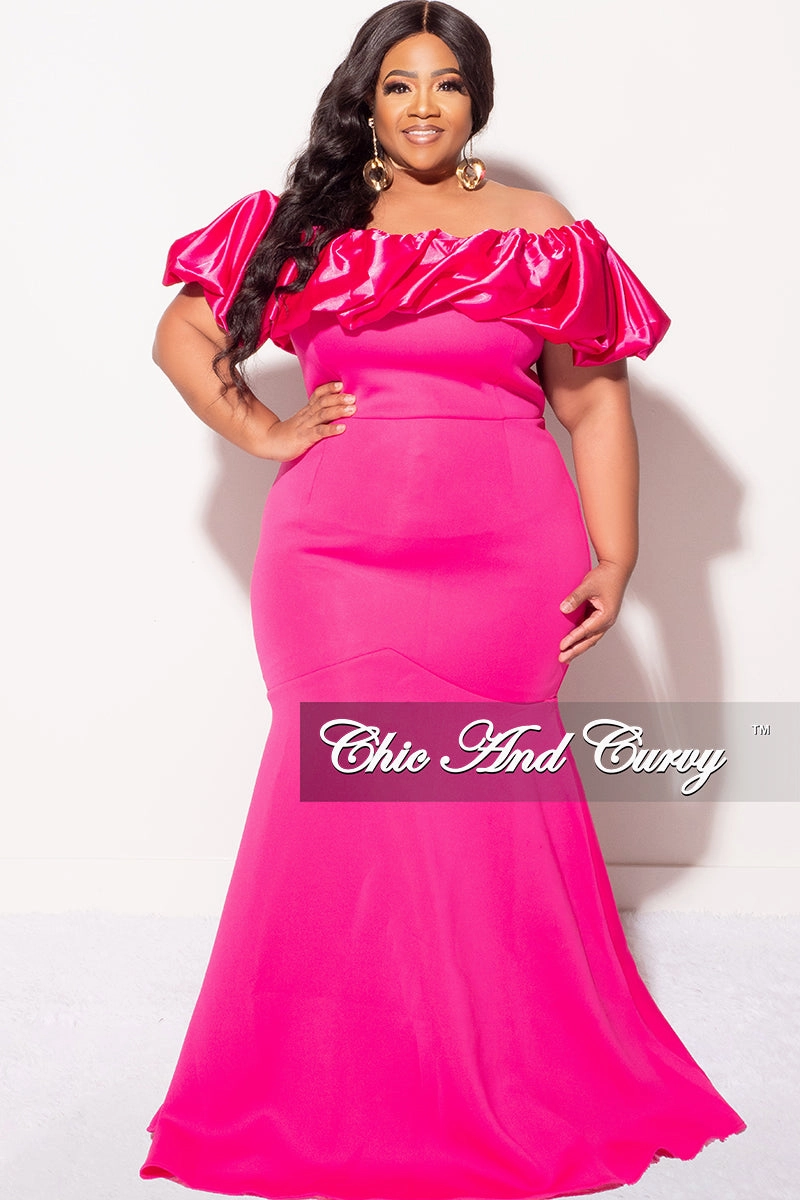 MoistureControl Final Sale Plus Size Scuba Off the Shoulder Satin Ruffle Long Gown in Fuchsia Scuba Fabric