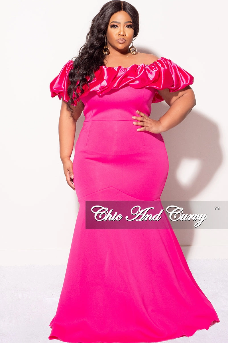 Final Sale Plus Size Scuba Off the Shoulder Satin Ruffle Long Gown in Fuchsia Scuba Fabric Casual Style Casual Layer