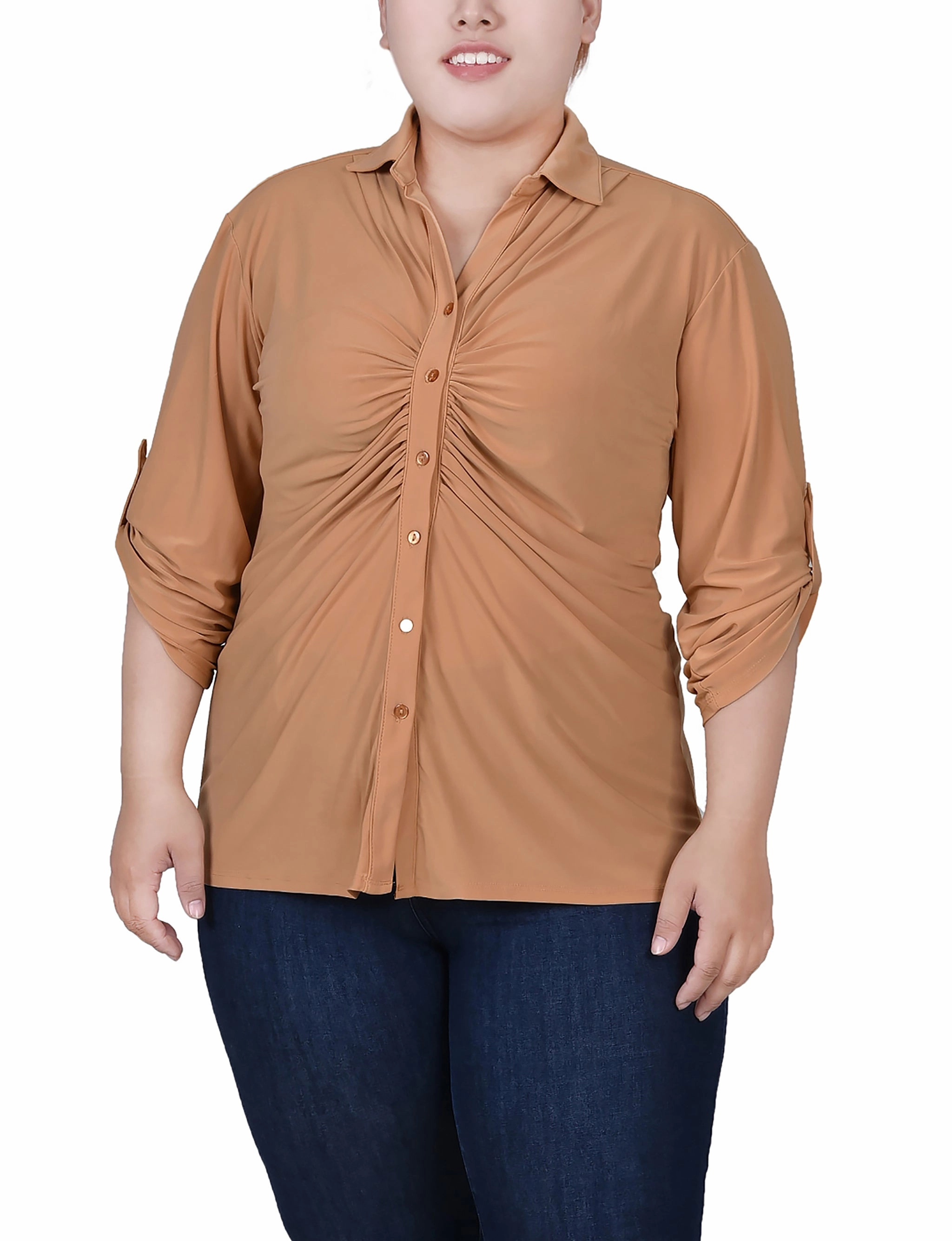 Tubular Body Construction Plus Size 3/4 Roll Tab Rouched-Front Top