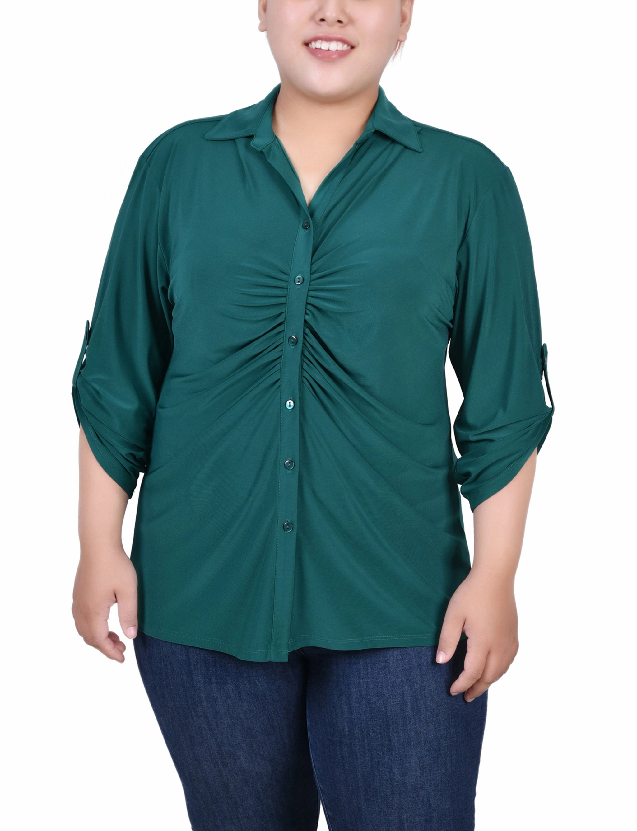 Layered Hem Reinforcement Plus Size 3/4 Roll Tab Rouched-Front Top