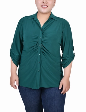 Plus Size 3/4 Roll Tab Rouched-Front Top Moisture wicking
