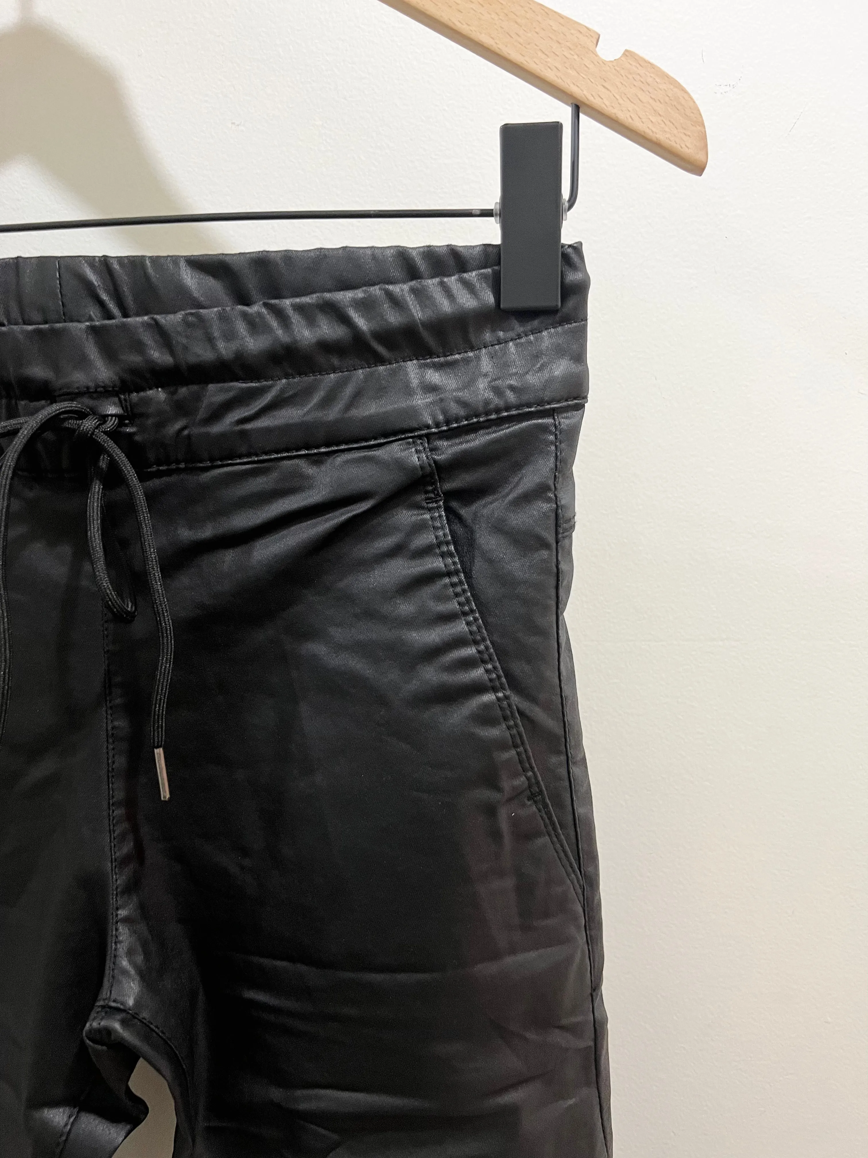 Loose cut Stain Resistant Flog Shely Vegan Leather Jogger Pants- Black