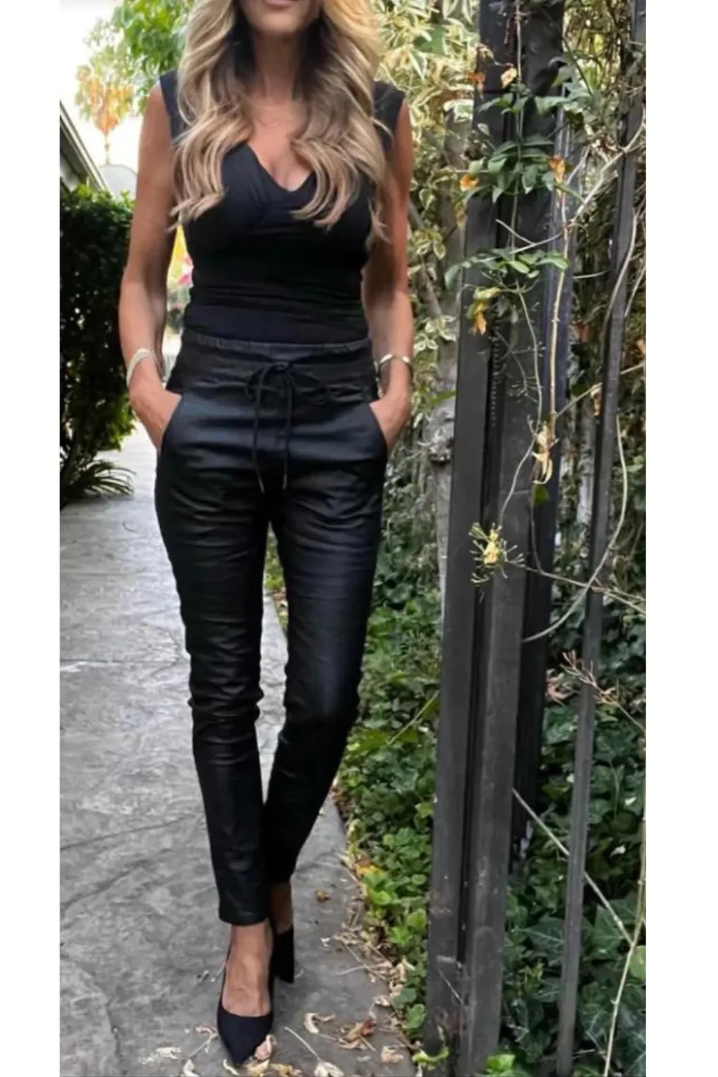 Soft Material Quick Fit Flog Shely Vegan Leather Jogger Pants- Black