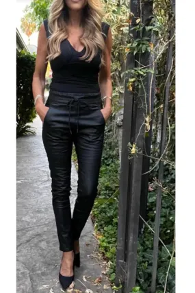 Soft Material Quick Fit Flog Shely Vegan Leather Jogger Pants- Black