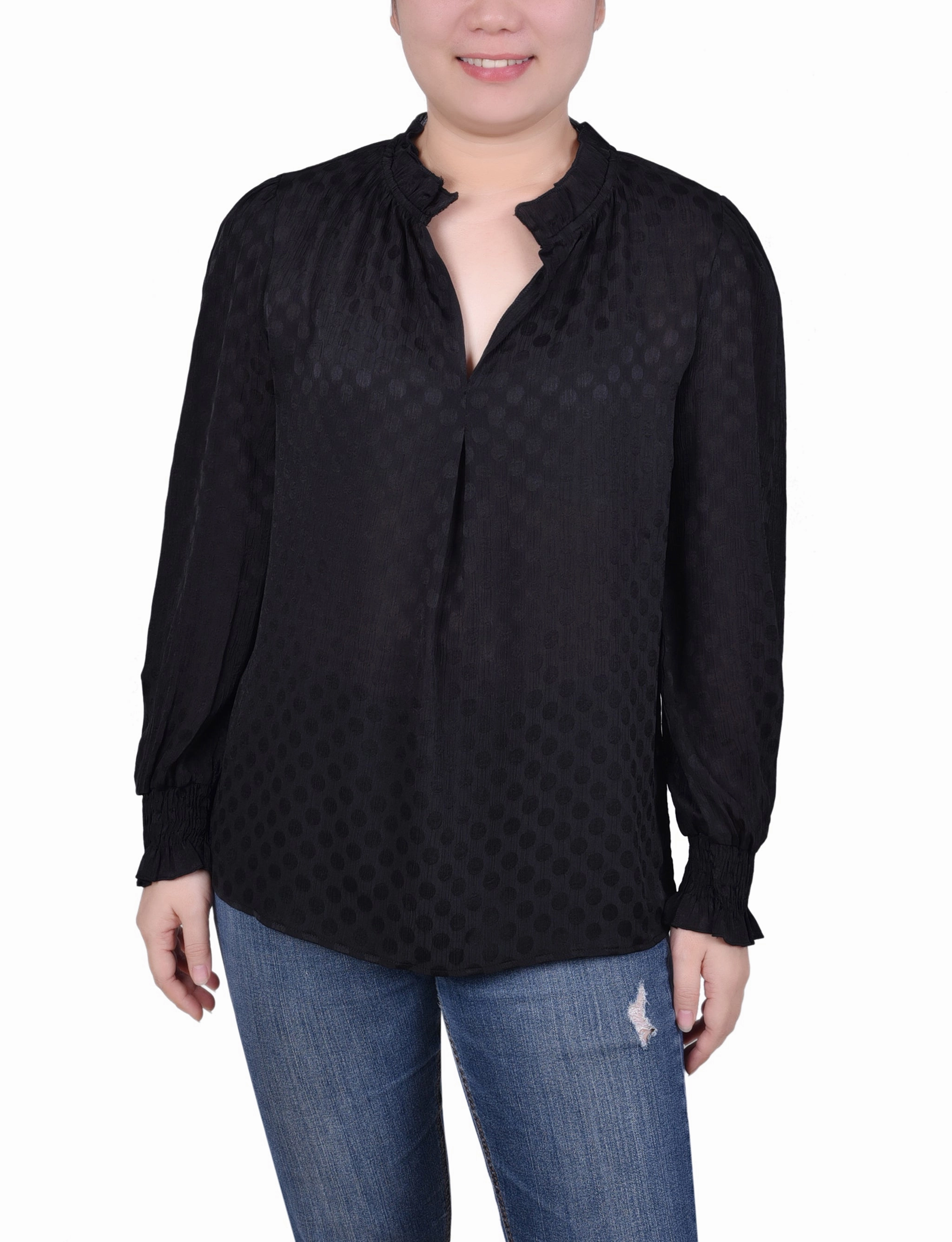 Hidden Zipper Closure Seamless Knit Design Long Sleeve Smocked Cuff Blouse