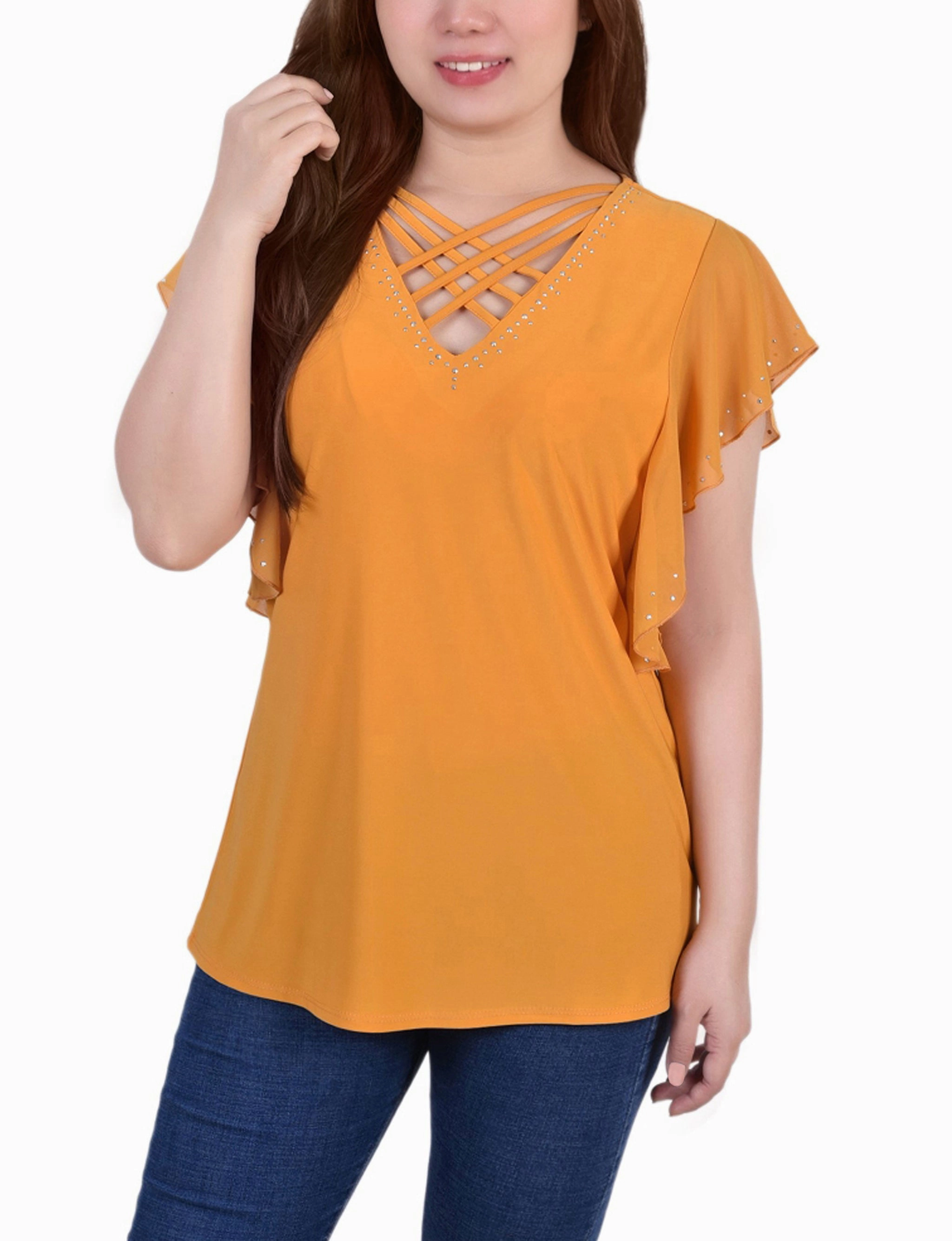 Flutter Sleeve Top With Criss Cross Strips EasyCareMaterial