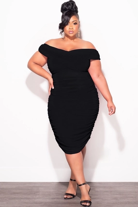 Final Sale Plus Size Sheer Midi Dress with Ruched Sides in Black Stylish Comfort